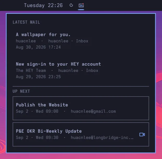Omamail - The quick preview from the bar: latest mail and what is up next