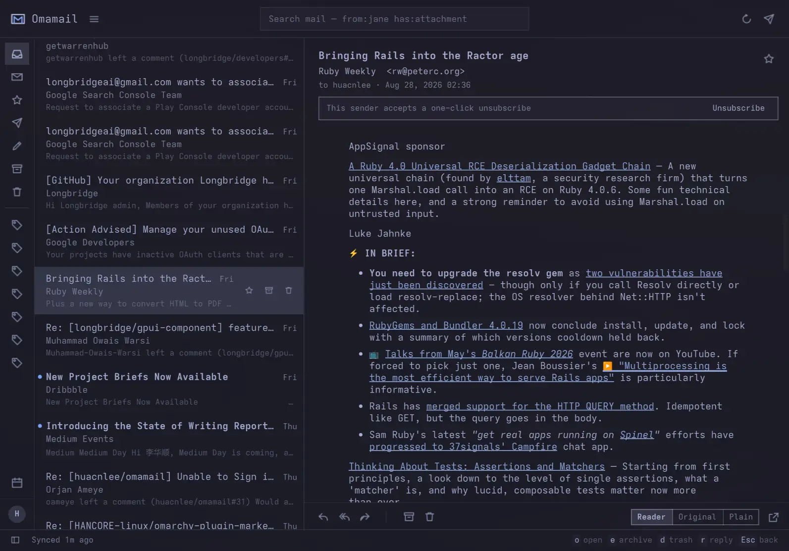 Omamail - Reading a message in the three-column window