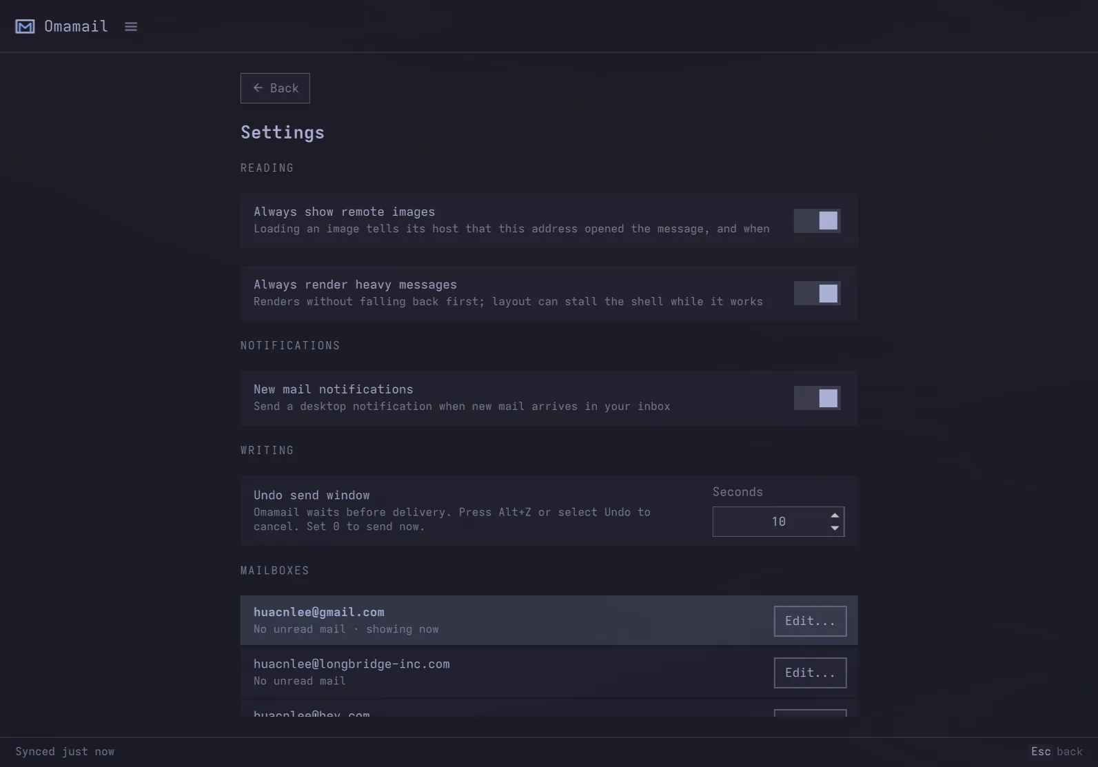 Omamail - Settings: reading, notifications, undo send and mailboxes