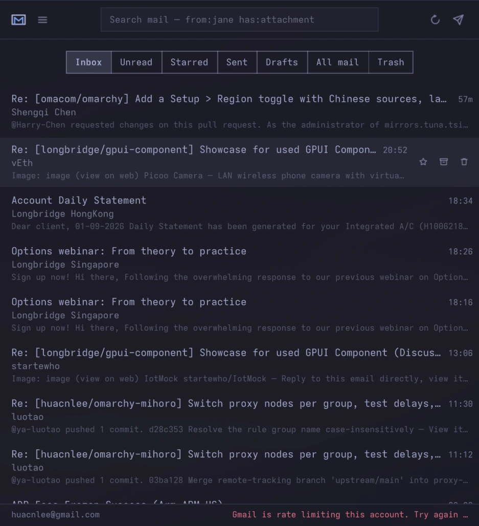 Omamail - Mini size: the message list, with mailbox tabs above it