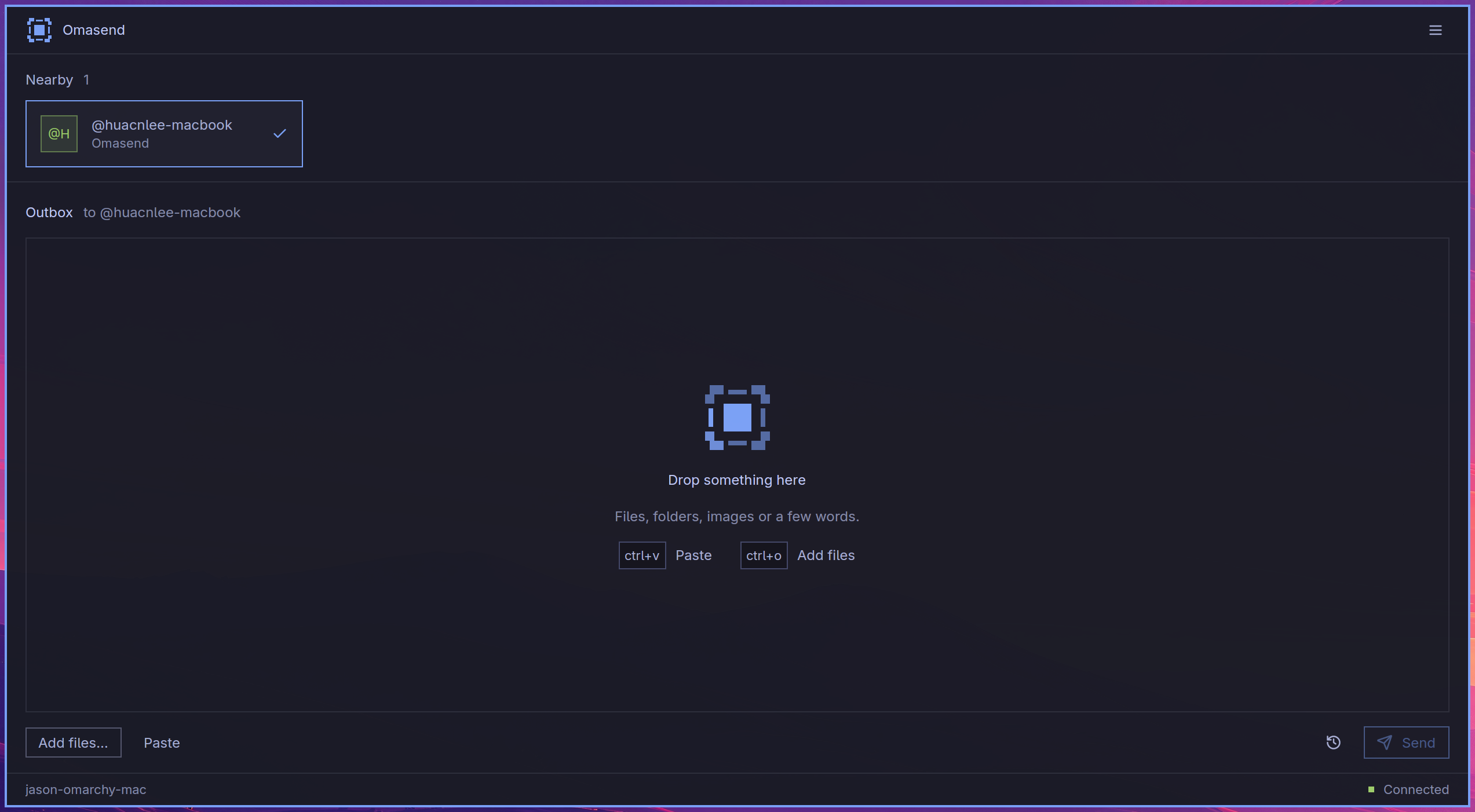 Omasend on Omarchy, with nearby devices and a drop area for files and clipboard content